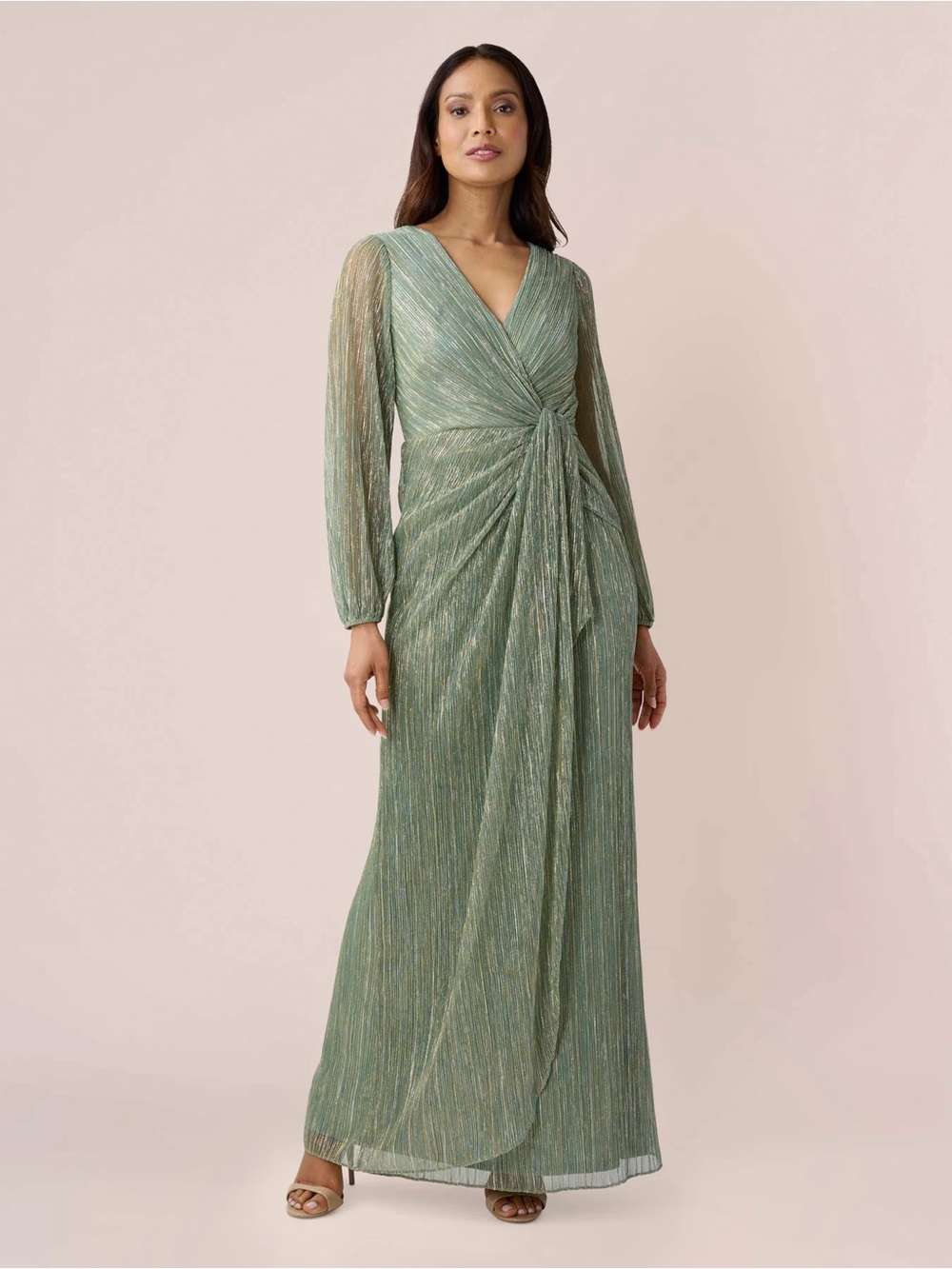 Adrianna Papell Metallic Sage Green Twist-Front Long Sleeve Gown